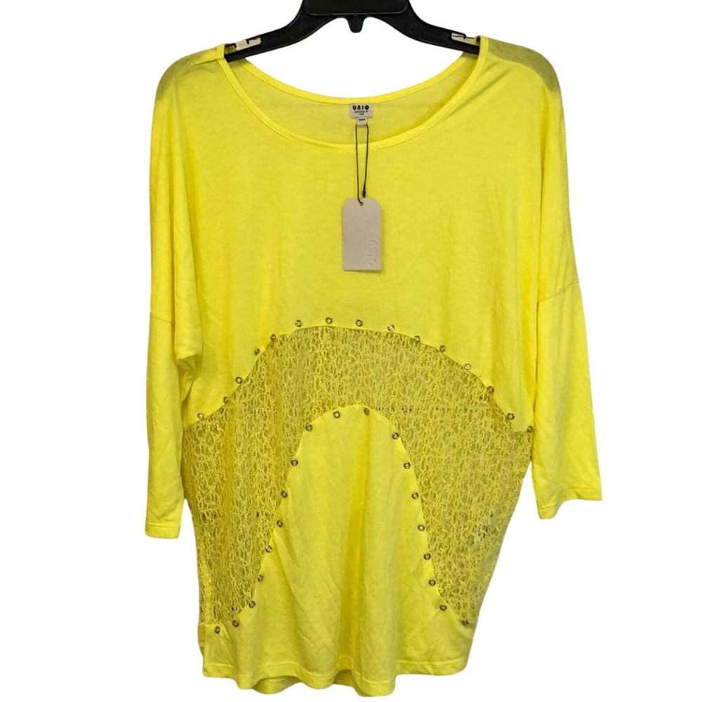 Unio Yellow‎ Lace Inset Studded Dolman Sleeve Tunic Top Crochet Detail Boho NEW